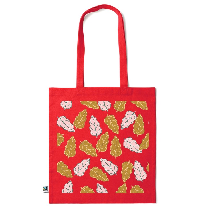 Go For It Shopper fazonú pamut táska mintával, Leaf Colorful, 38×42cm, Piros grenadine, R-KI60