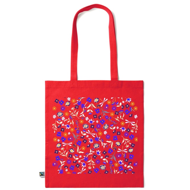 Go For It Shopper fazonú pamut táska mintával, Flowers Collection, Blue Flowers, 38x42cm, Piros grenadine, R-KI62