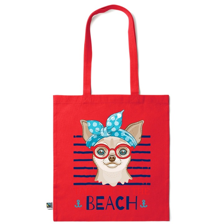 Go For It Shopper fazonú pamut táska mintával, Beach, 38×42cm, Piros grenadine, R-KI78
