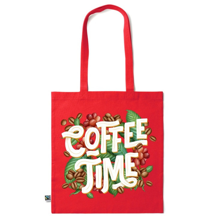 Intelli® Sacosa памучна Eco-friendly за пазаруване с дълги дръжки, Coffee Time, 38×42cm, Тъмночервен, R-KI86