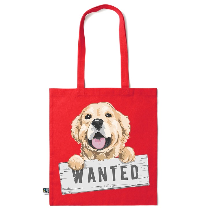 Intelli® Sacosa bumbac Eco-friendly pentru cumparaturi cu manere lungi, Wanted Dog, 38×42cm, Rosu inchis, R-KI77
