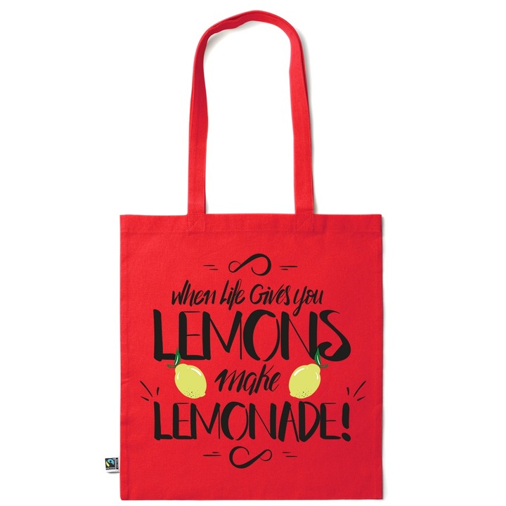 Intelli® Sacosa bumbac Eco-friendly pentru cumparaturi cu manere lungi, When Life gives..., 38×42cm, Rosu inchis, R-KI117