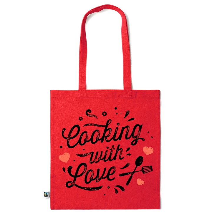 Go For It Shopper fazonú pamut táska mintával, Cooking with Love, 38×42cm, Piros grenadine, R-KI152