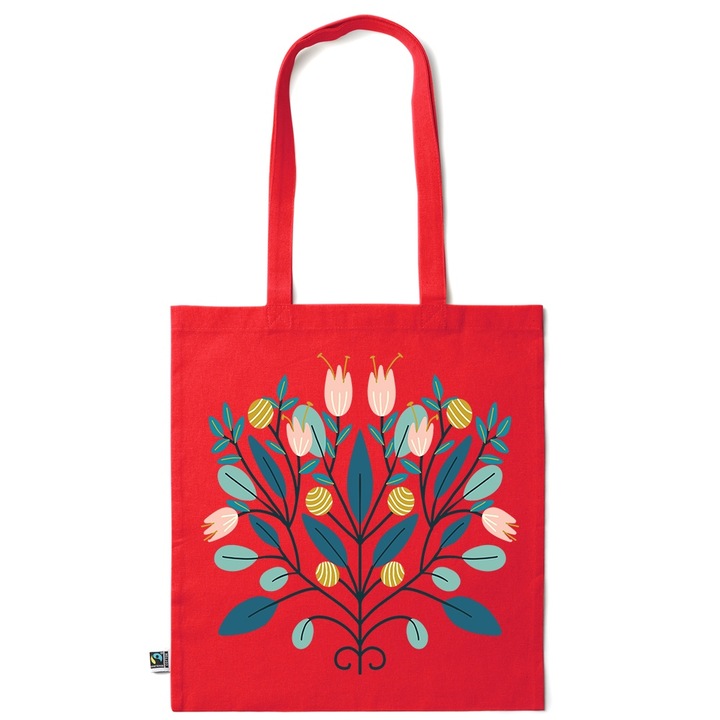 Go For It Shopper fazonú pamut táska mintával, Flowers, 38×42cm, Piros grenadine, R-KI146