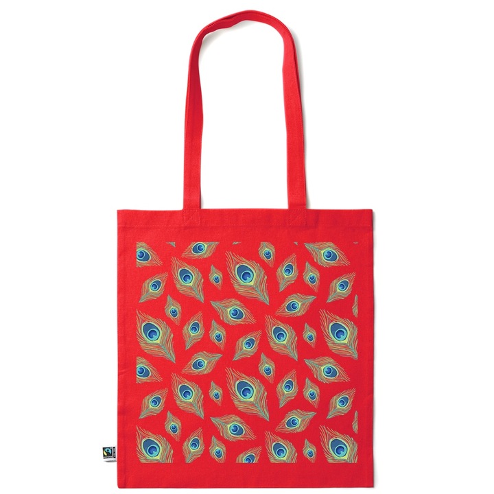 Go For It Shopper fazonú pamut táska mintával, Peacock Feather, 38×42cm, Piros grenadine, R-KI106
