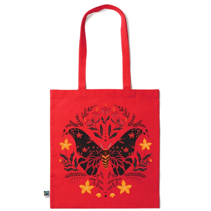 Go For It Shopper fazonú pamut táska mintával, Butterfly with flowers, 38×42cm, Piros grenadine, R-KI143