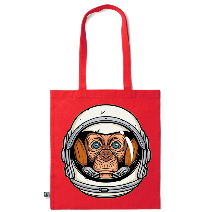 Go For It Shopper fazonú pamut táska mintával, Astronaut Monkey, 38×42cm, Piros grenadine, R-KI126
