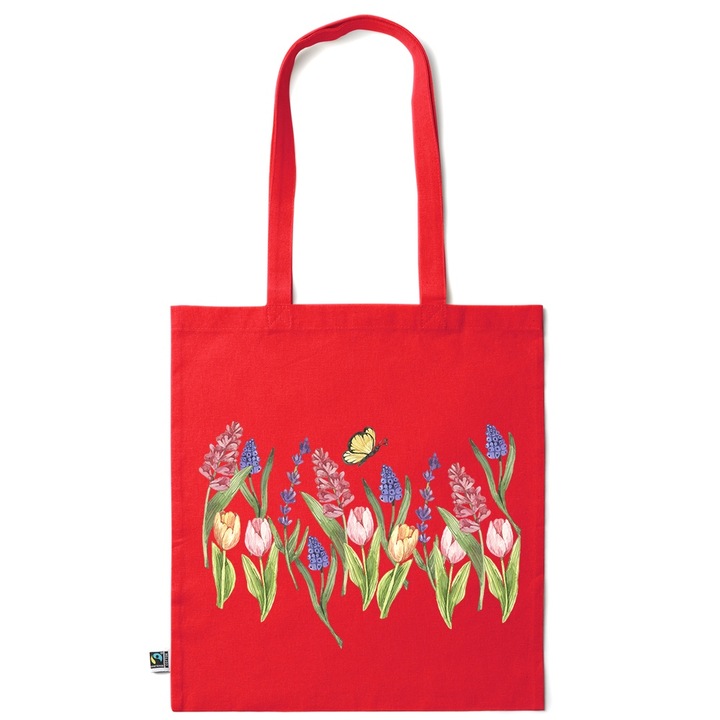 Intelli® Sacosa памучна еко-чанта за пазаруване с дълги дръжки, Flowers - Butterfly, 38×42см, Тъмночервен, R-KI138