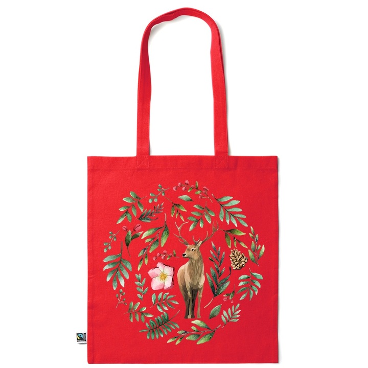 Go For It Shopper fazonú pamut táska mintával, Deer, 38×42cm, Piros grenadine, R-KI166