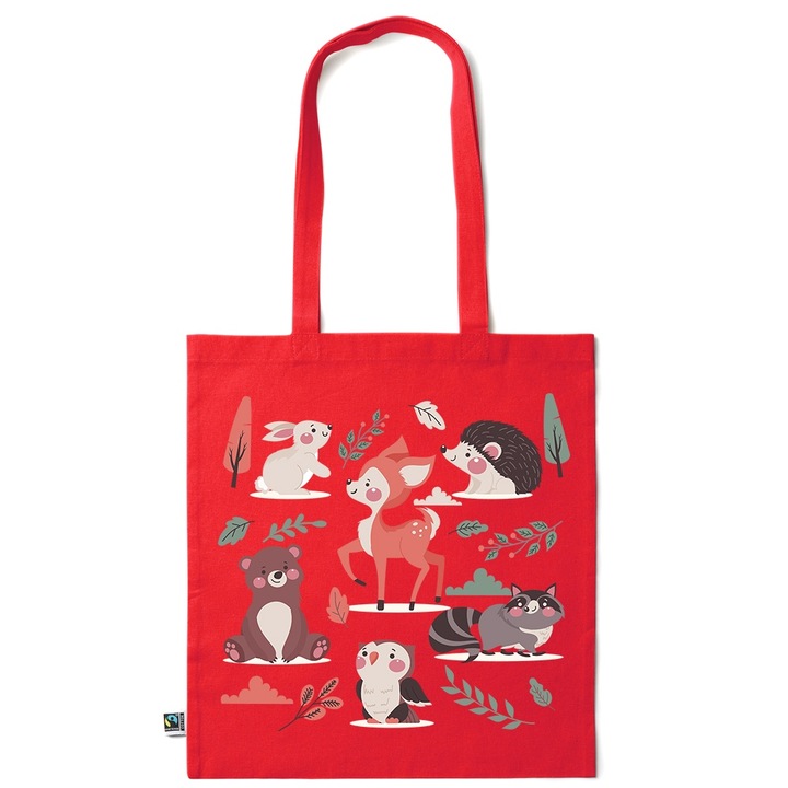 Go For It Shopper fazonú pamut táska mintával, Forest Dwellers, 38×42cm, Piros grenadine, R-KI97