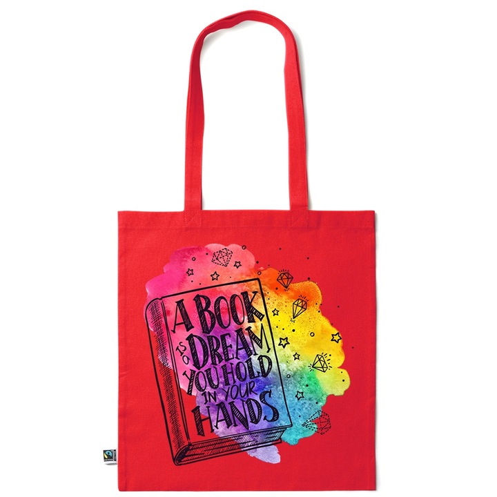 Go For It Shopper fazonú pamut táska mintával, Book, 38×42cm, Piros grenadine, R-KI155