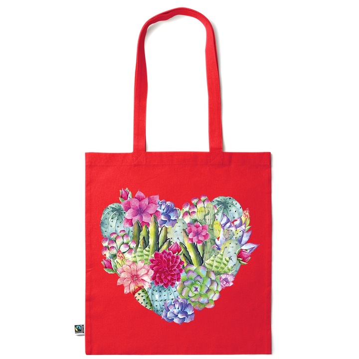 Go For It Shopper fazonú pamut táska mintával, Cactus Heart, 38×42cm, Piros grenadine, R-KI208