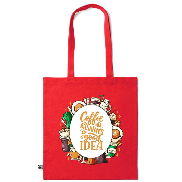 Intelli® Sacosa памучна Еко пазарска чанта с дълги дръжки, Coffee Is Always A Good Idea, 38×42см, Тъмночервено, R-KI82