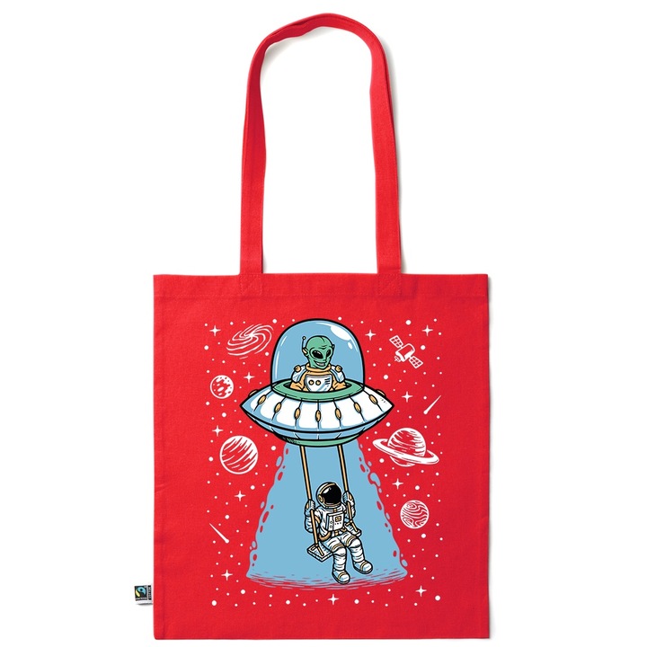 Go For It Shopper fazonú pamut táska mintával, Traveling Astronaut, 38×42cm, Piros grenadine, R-KI212