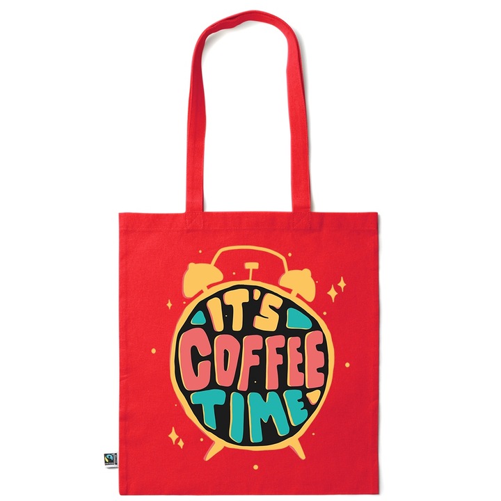 Go For It Shopper fazonú pamut táska mintával, Coffee Time, 38×42cm, Piros grenadine, R-KI217