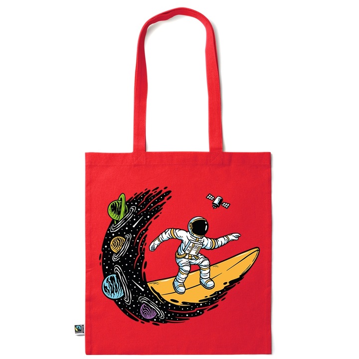 Go For It Shopper fazonú pamut táska mintával, Surfing Astronaut, 38×42cm, Piros grenadine, R-KI210