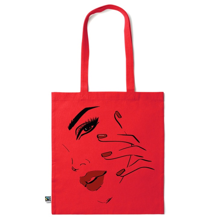 Go For It Shopper fazonú pamut táska mintával, Woman Face, 38×42cm, Piros grenadine, R-KI202