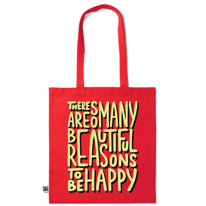 Go For It Shopper fazonú pamut táska mintával, Be Happy, 38×42cm, Piros grenadine, R-KI249