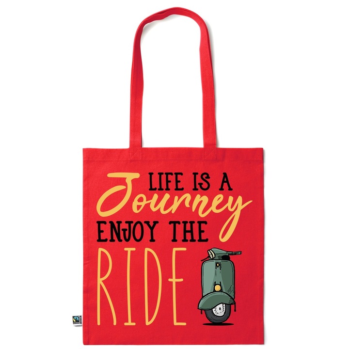 Go For It Shopper fazonú pamut táska mintával, Life is a Journey, 38×42cm, Piros grenadine, R-KI244