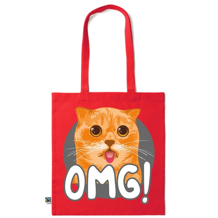 Go For It Shopper fazonú pamut táska mintával, Cat - OMG, 38×42cm, Piros grenadine, R-KI232