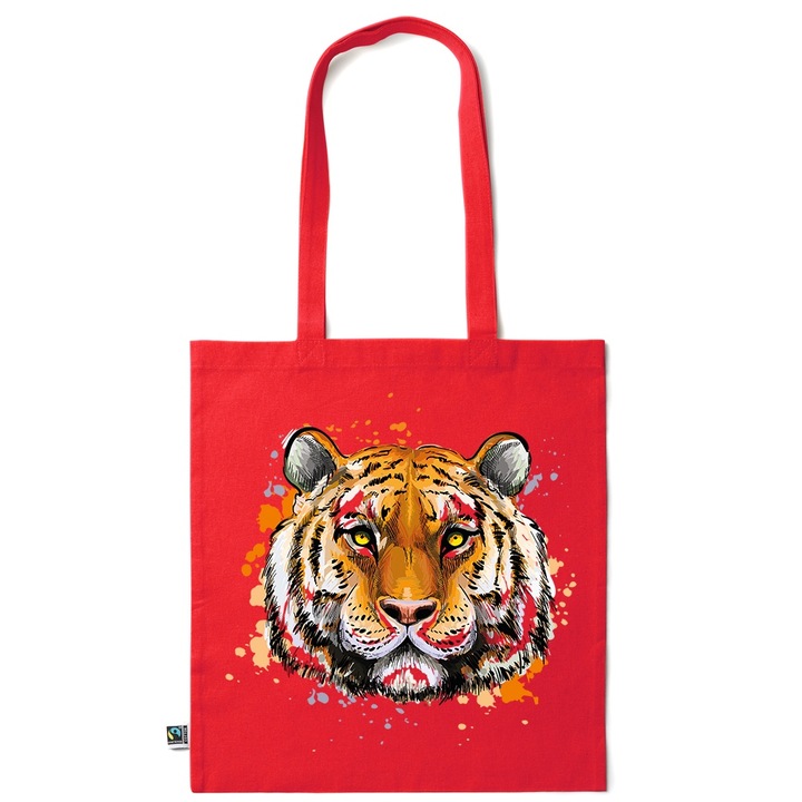 Go For It Shopper fazonú pamut táska mintával, Tiger, 38×42cm, Piros grenadine, R-KI201