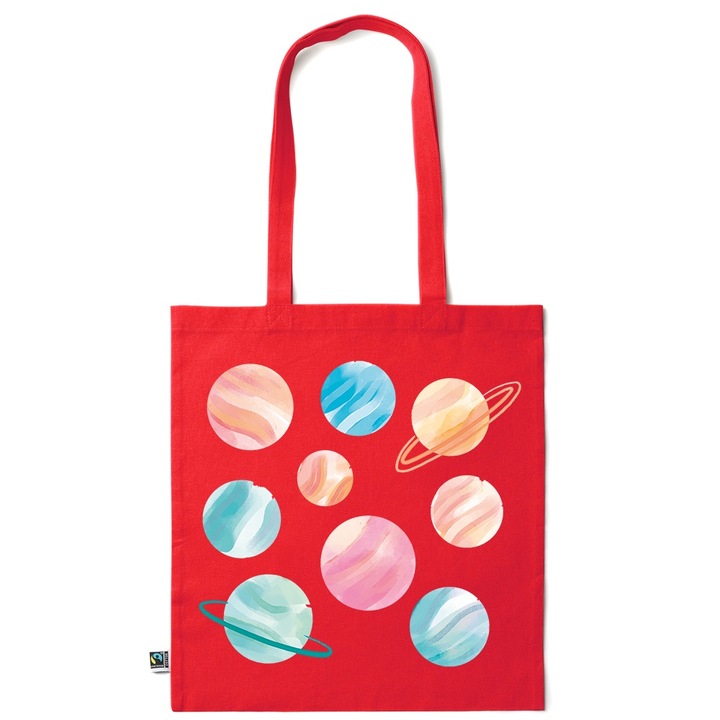 Intelli® Sacosa bumbac Eco-friendly pentru cumparaturi cu manere lungi, Planets, 38×42cm, Rosu inchis, R-KI170