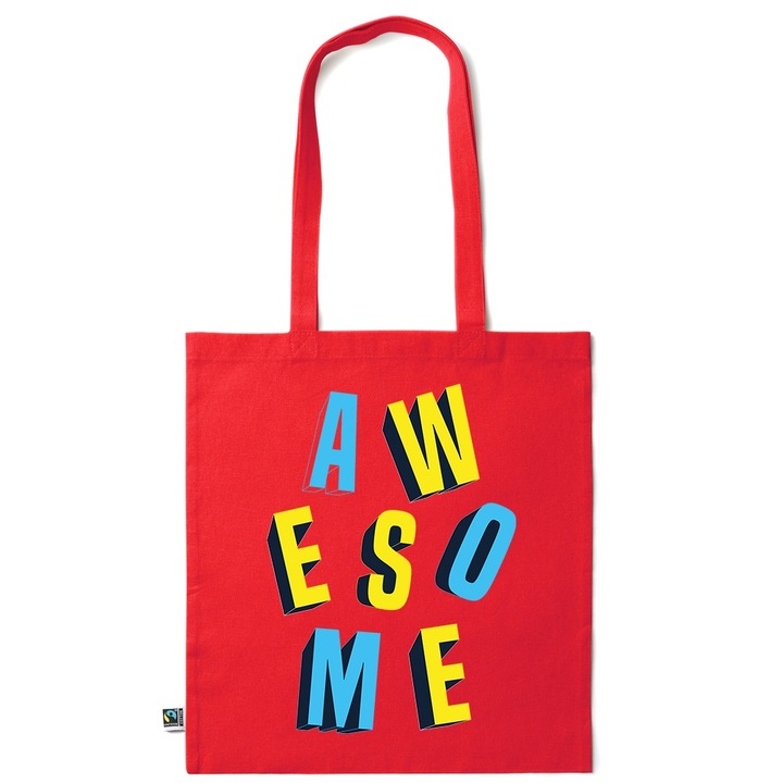 Go For It Shopper fazonú pamut táska mintával, Awesome, 38×42cm, Piros grenadine, R-KI226