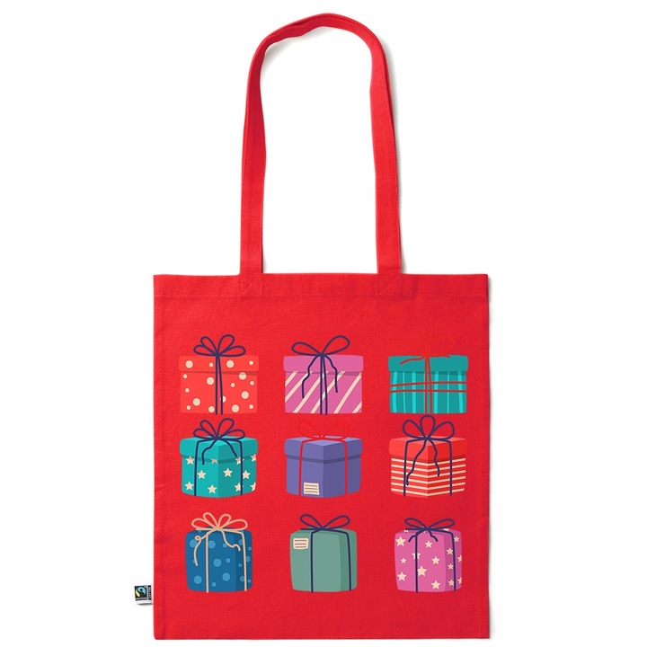 Go For It Shopper fazonú pamut táska mintával, Christmas Gifts, 38×42cm, Piros grenadine, R-KI262