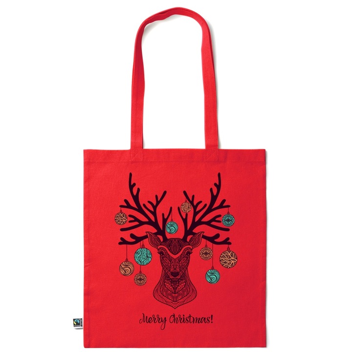 Eco-barat pamut taska Merry Christmas, Piros grenadine, 38 x 42 cm