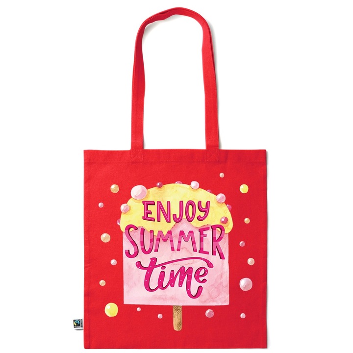 Go For It Shopper fazonú pamut táska mintával, Enjoy Summer, 38×42cm, Piros grenadine, R-KI206