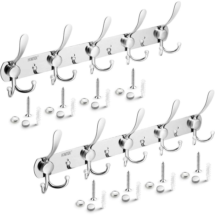 Fali akasztó, 5 akasztó, rozsdamentes acél, ezüst, rögzítés 4 lyukkal, 2 db