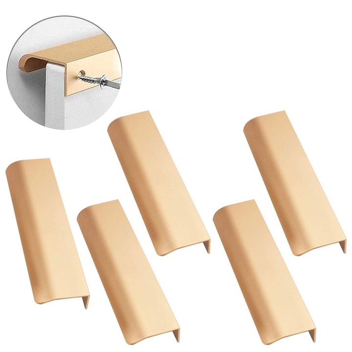 Set 5 manere ascunse sertare, aliaj de aluminiu, auriu, 80 mm