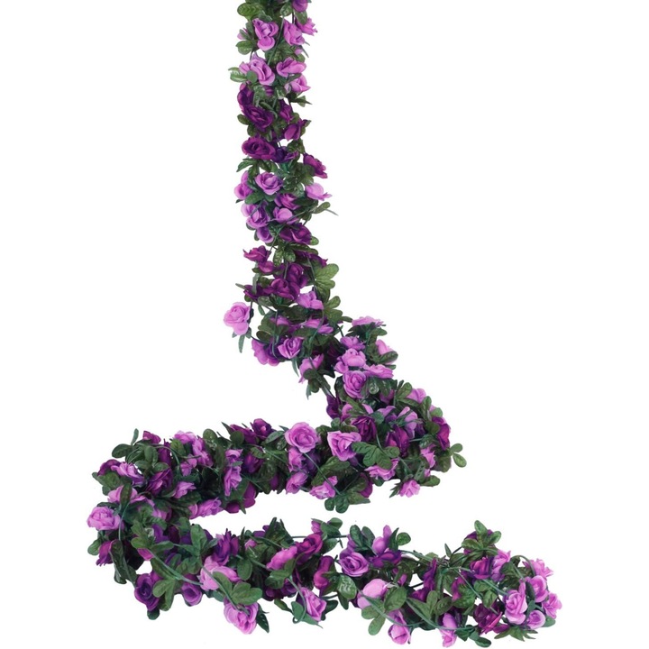 Set 5 garlande flori artificiale, 8.2 FT, roz, mov, 45 frunze, 45 flori