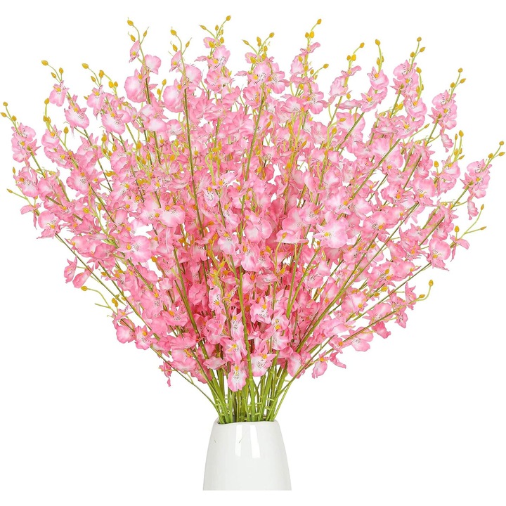 Set 12 flori artificiale, Orhidee dansatoare, Matase, 97 cm, Roz