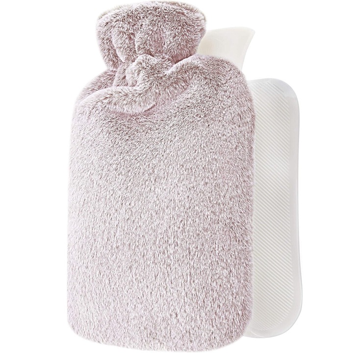 Sticla cu apa calda, husa faux fur, multifunctionala, maro, 1.8L