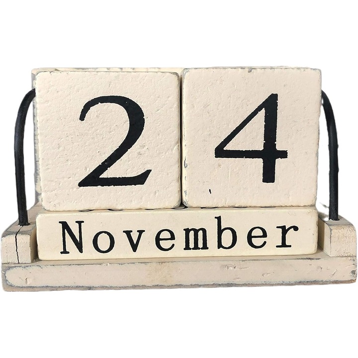 Calendar perpetuu din lemn, finisaj vintage, bej, 11x5.5x7cm