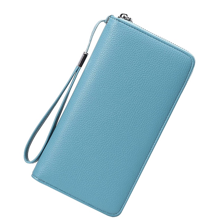 Portofel dama, cu protectie RFID, din piele PU, albastru deschis, cu maner detasabil