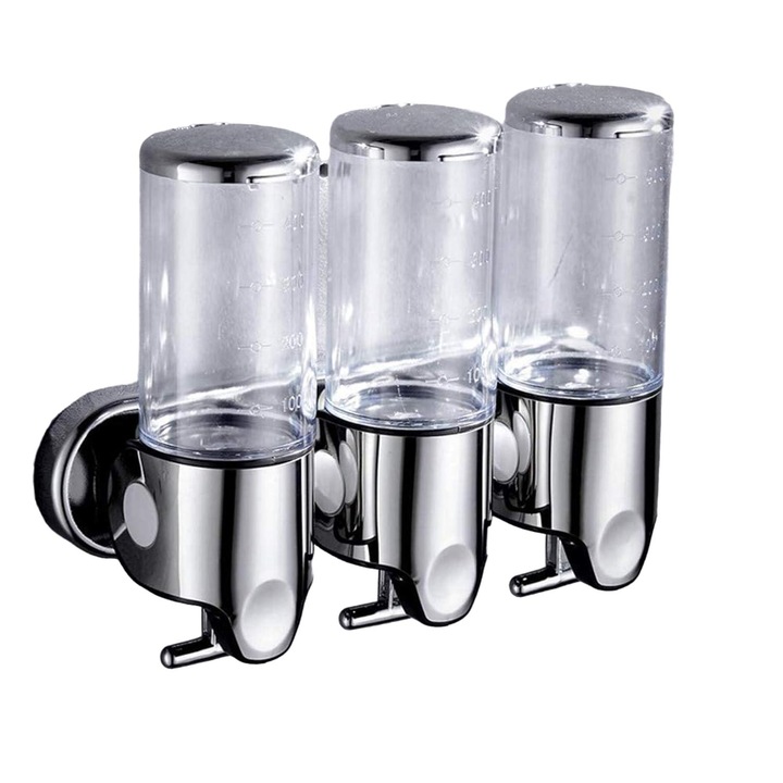 Kézi szappanadagoló készlet, falra szerelhető, 3 rekeszes, ezüst, 24,4x9,9x8,2 cm