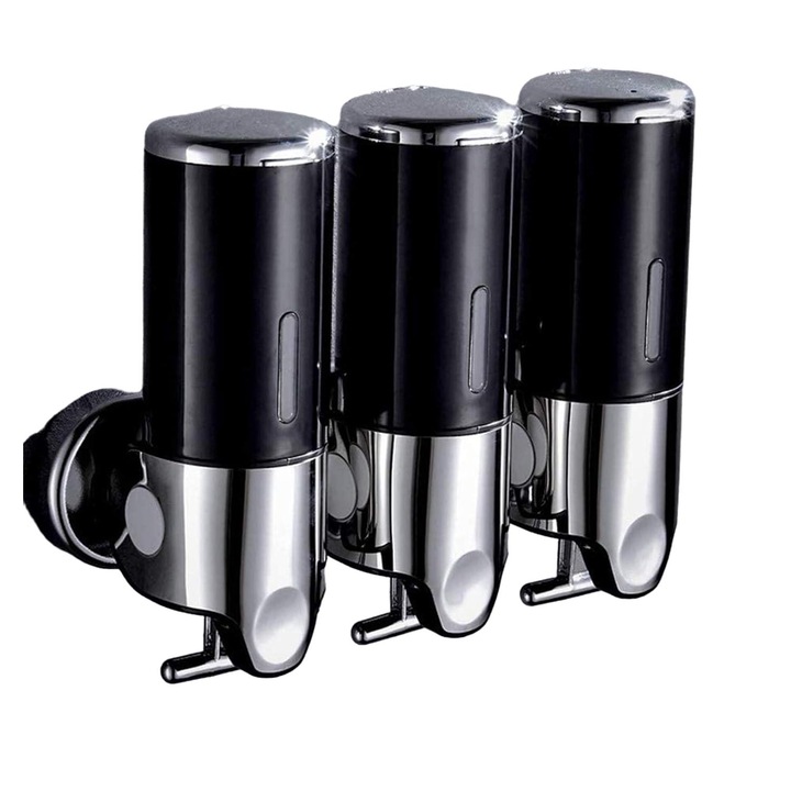 Hendalino kézi szappanadagoló, 3 rekes, fém, fekete, 24,4x9,9x8,2 cm, készlet 3 db 500 ml-es üveggel