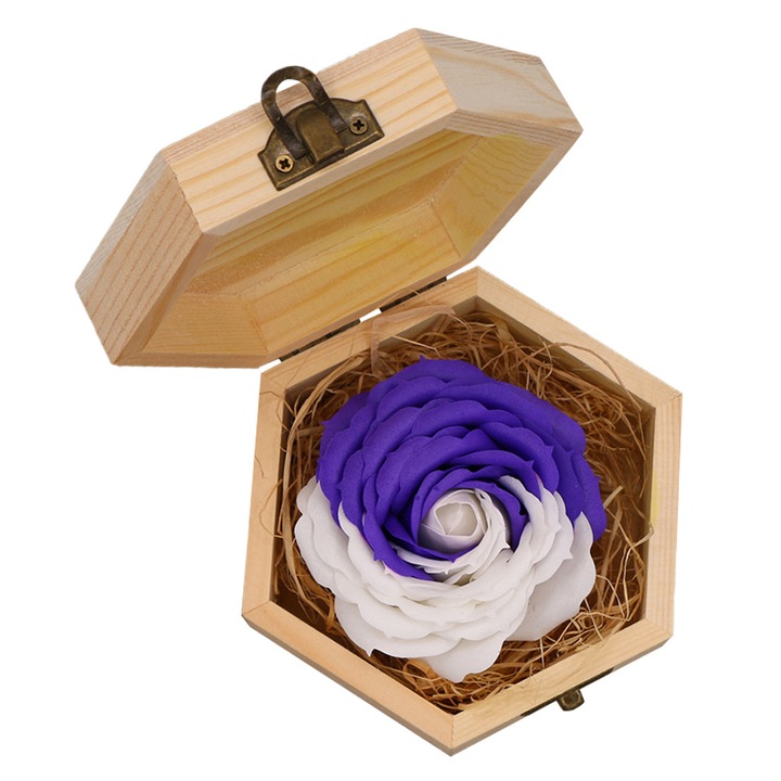 Комплект сапунени цветя под формата на роза с дървена кутия, бяло-червено/макарон/пурпурно, 13x11x6.8 см
