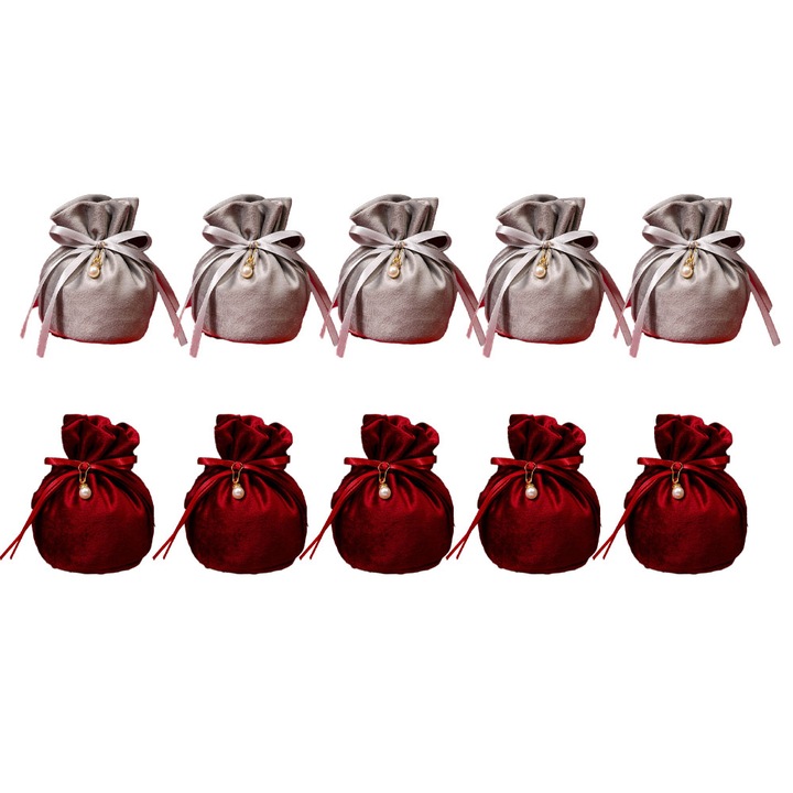 Set de 10 saci pentru bijuterii, catifea cu snur, gri/rosu