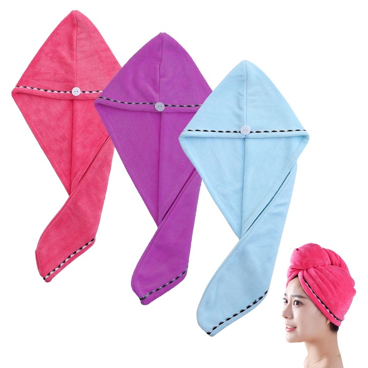 Set 3 prosoape de par din microfibra, absorbante, multicolor, 65x25cm