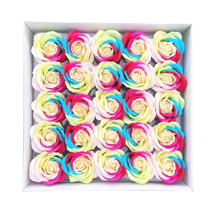 Set 25 buc. sapun de baie cu flori de trandafir, multicolor, 6x7cm, cutie cadou