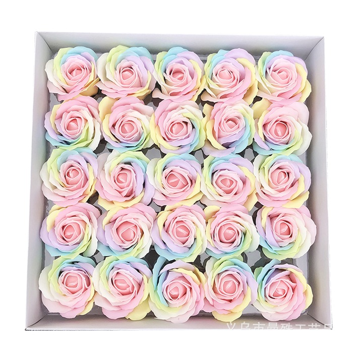 Set 25 bucati sapun de baie cu flori de trandafir, multicolor, 6x7cm, cutie cadou