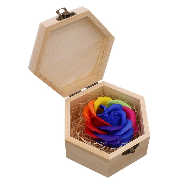 Set sapun de trandafir cu cutie de lemn, 13x11x6.8cm, multicolor