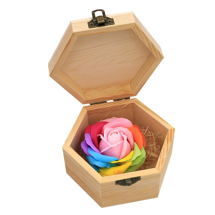 Set sapun de trandafir cu cutie de lemn, 13x11x6.8cm, multicolor