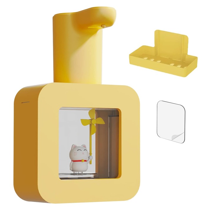 Автоматичен дозатор за сапун, котешки дизайн с нощна лампа, жълт, 12,5x9,6x20,1 см