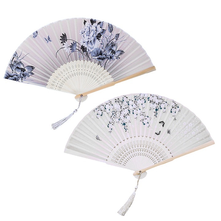 2 db kínai összecsukható ventilátor készlet, bambuszból, többszínű