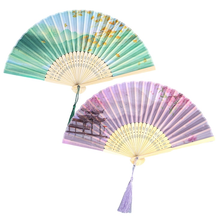 2 db összecsukható bambusz/selyem legyező készlet, többszínű