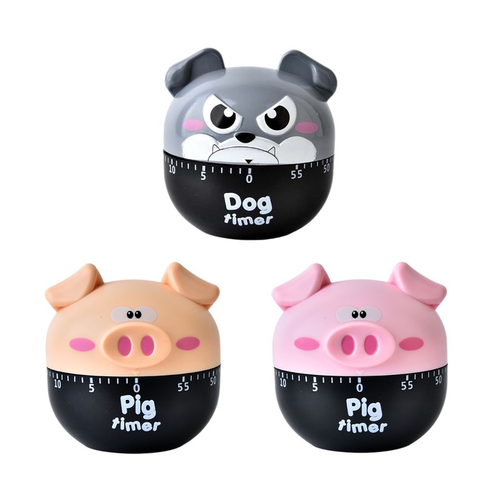 Set Ustensile de masurat de bucatarie, Timer mecanic, 3 piese, Panda, Puppy, Pig, 7x6.5cm